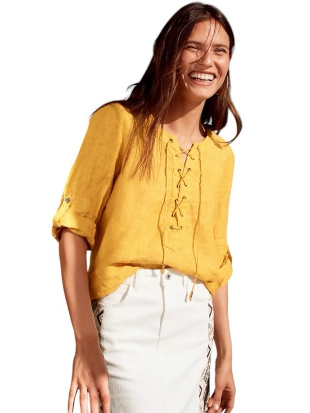 Maeve by Anthropologie 100% Linen Lace Up V-Neck Blouse Mustard Yellow size 4